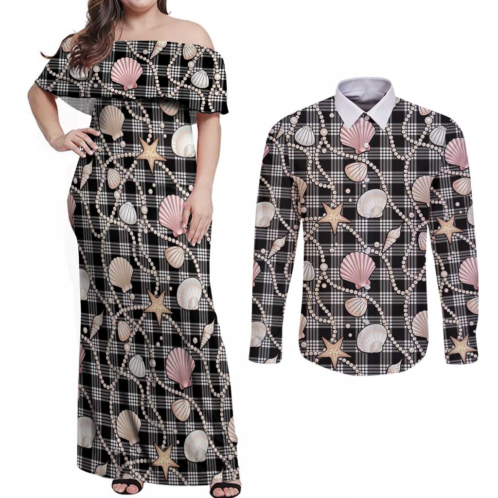 Hawaiian Ocean Seashells Couples Matching Off Shoulder Maxi Dress and Long Sleeve Button Shirt Black Palaka Pattern