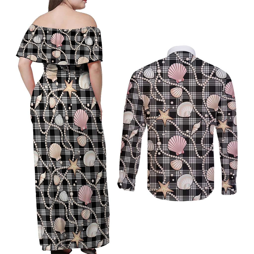 Hawaiian Ocean Seashells Couples Matching Off Shoulder Maxi Dress and Long Sleeve Button Shirt Black Palaka Pattern
