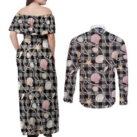 Hawaiian Ocean Seashells Couples Matching Off Shoulder Maxi Dress and Long Sleeve Button Shirt Black Palaka Pattern