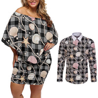 Hawaiian Ocean Seashells Couples Matching Off Shoulder Short Dress and Long Sleeve Button Shirt Black Palaka Pattern LT01 Black - Polynesian Pride