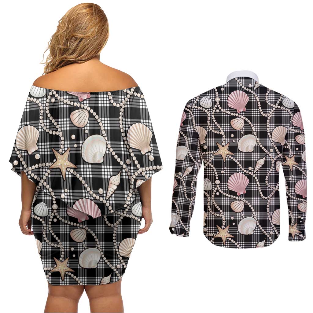 Hawaiian Ocean Seashells Couples Matching Off Shoulder Short Dress and Long Sleeve Button Shirt Black Palaka Pattern LT01 - Polynesian Pride