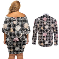 Hawaiian Ocean Seashells Couples Matching Off Shoulder Short Dress and Long Sleeve Button Shirt Black Palaka Pattern LT01 - Polynesian Pride