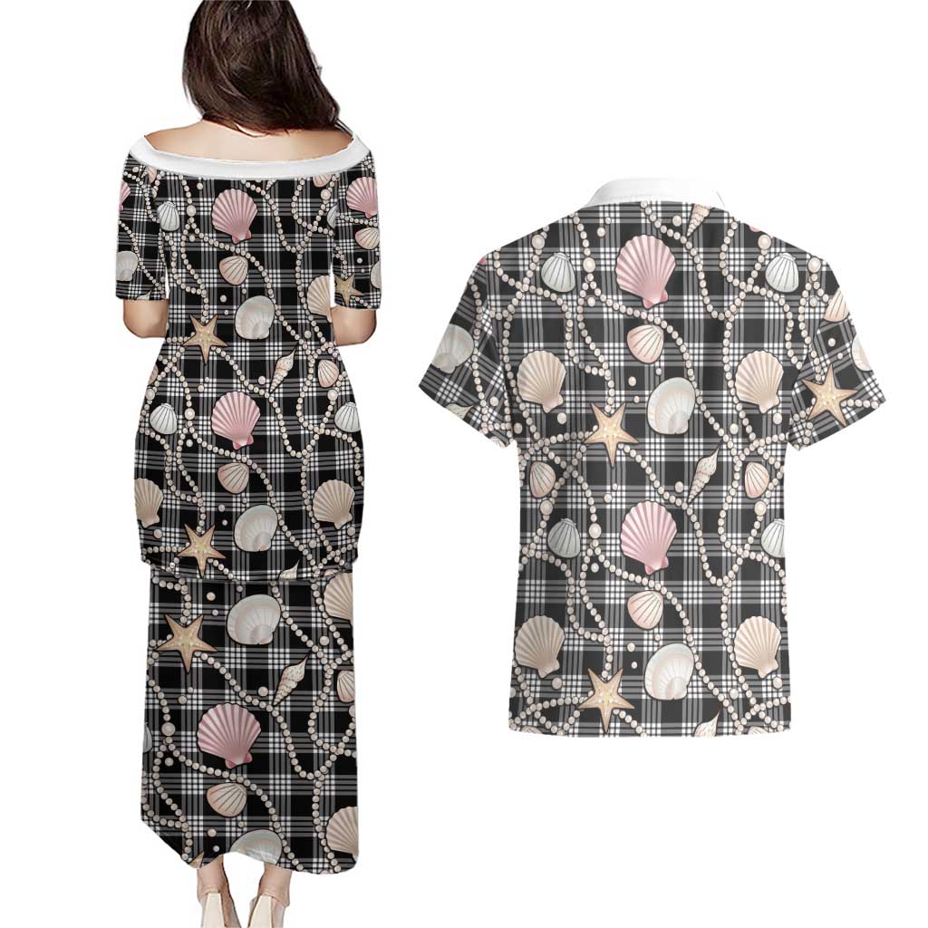 Hawaiian Ocean Seashells Couples Matching Puletasi and Hawaiian Shirt Black Palaka Pattern LT01 - Polynesian Pride