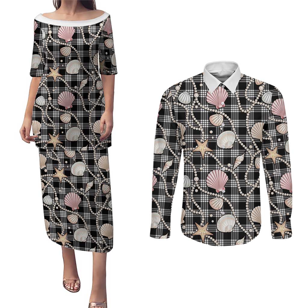 Hawaiian Ocean Seashells Couples Matching Puletasi and Long Sleeve Button Shirt Black Palaka Pattern LT01 Black - Polynesian Pride