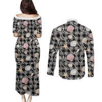 Hawaiian Ocean Seashells Couples Matching Puletasi and Long Sleeve Button Shirt Black Palaka Pattern LT01 - Polynesian Pride