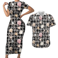 Hawaiian Ocean Seashells Couples Matching Short Sleeve Bodycon Dress and Hawaiian Shirt Black Palaka Pattern LT01 Black - Polynesian Pride