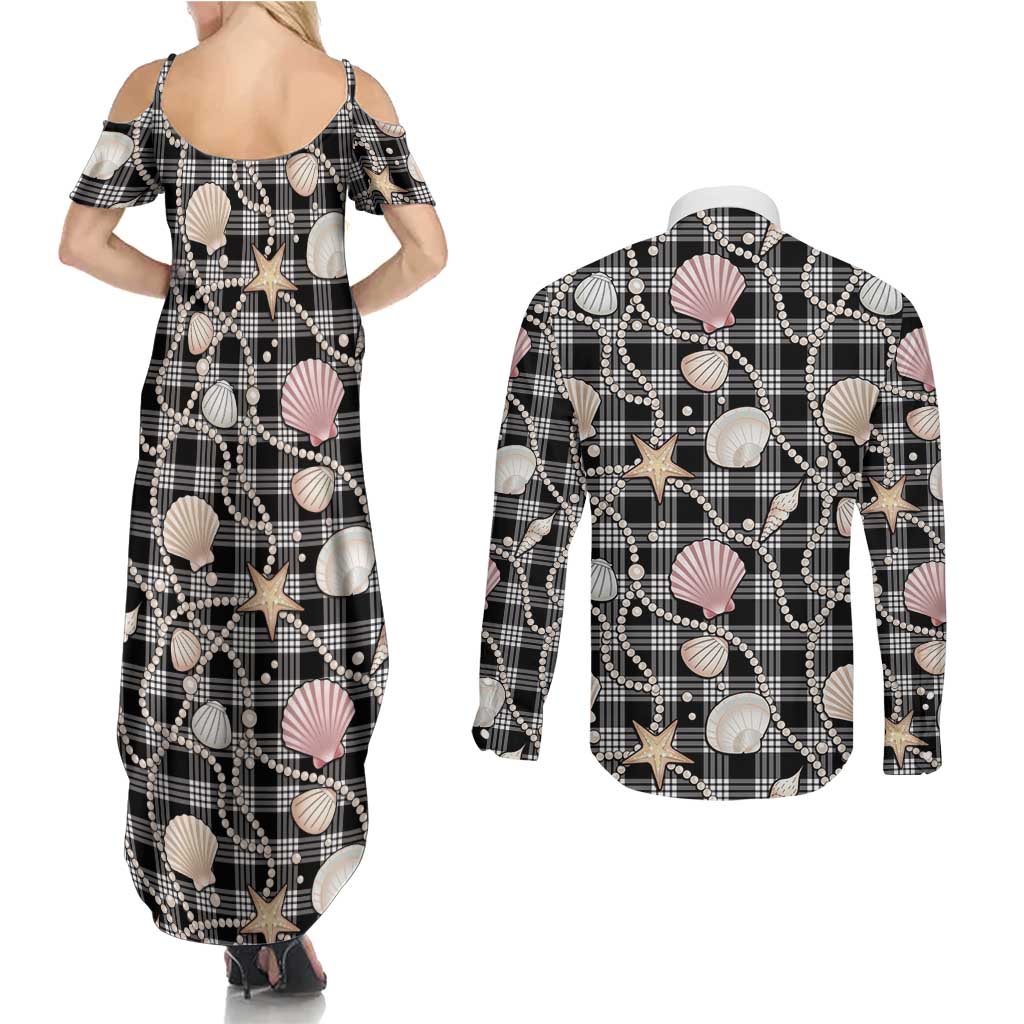 Hawaiian Ocean Seashells Couples Matching Summer Maxi Dress and Long Sleeve Button Shirt Black Palaka Pattern LT01 - Polynesian Pride