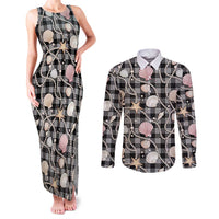 Hawaiian Ocean Seashells Couples Matching Tank Maxi Dress and Long Sleeve Button Shirt Black Palaka Pattern LT01 Black - Polynesian Pride