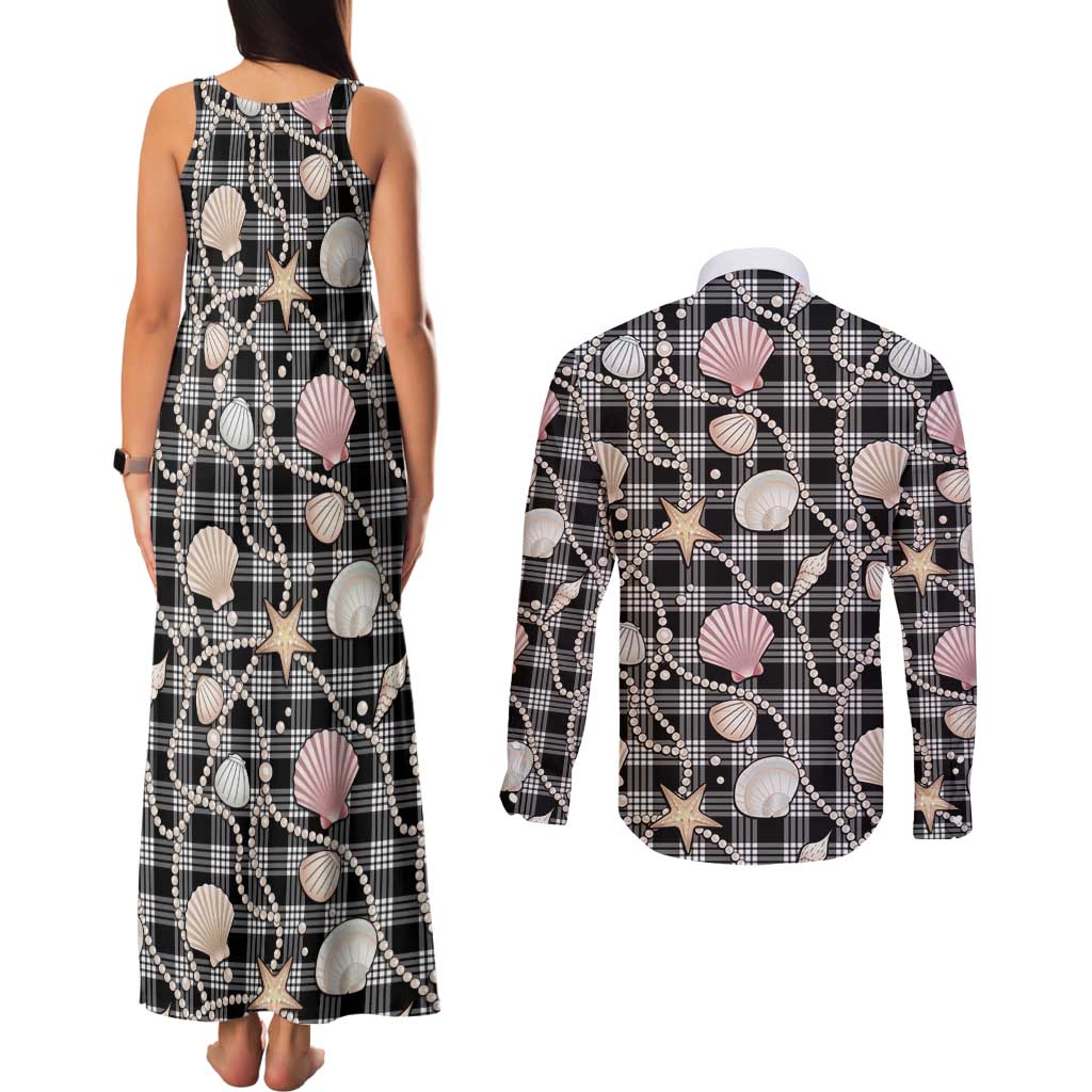 Hawaiian Ocean Seashells Couples Matching Tank Maxi Dress and Long Sleeve Button Shirt Black Palaka Pattern LT01 - Polynesian Pride