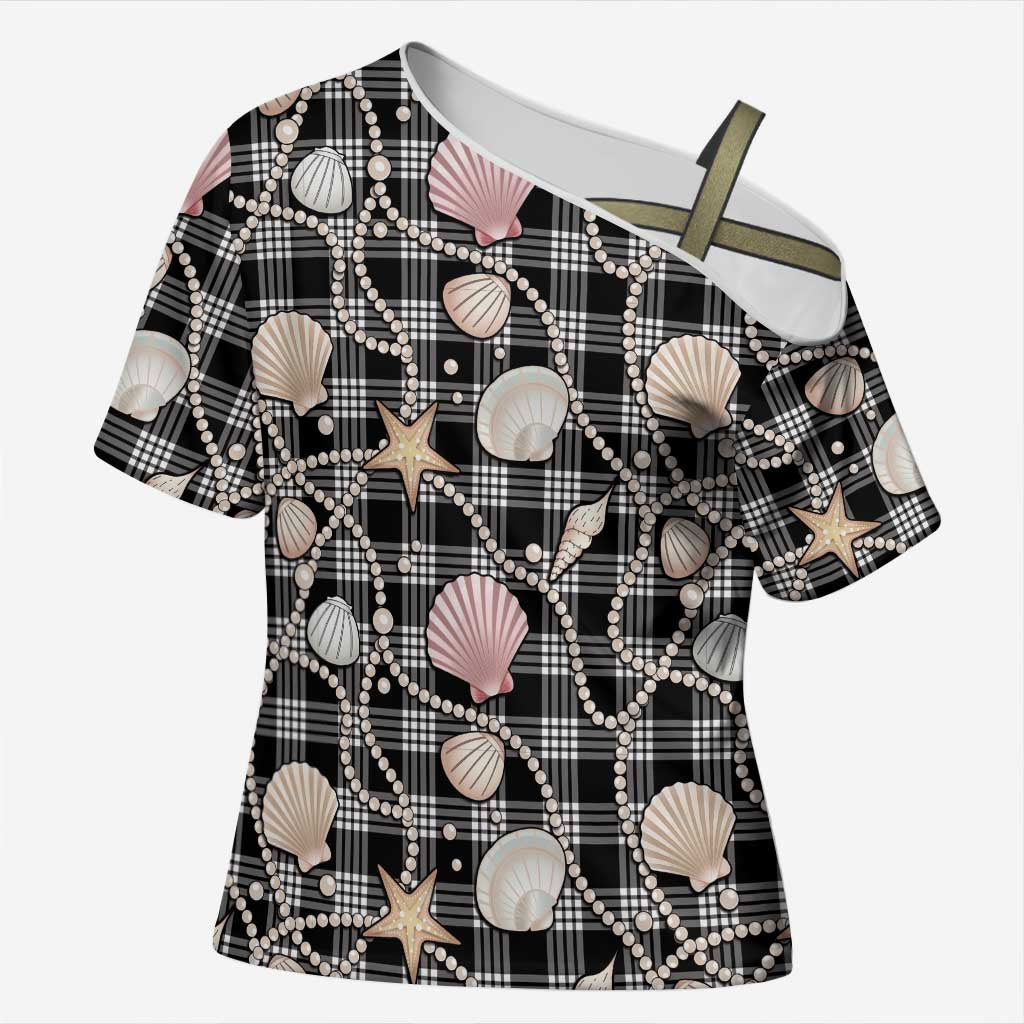 Hawaiian Ocean Seashells Cross Shoulder Shirt Black Palaka Pattern LT01 Female Black - Polynesian Pride
