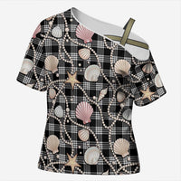 Hawaiian Ocean Seashells Cross Shoulder Shirt Black Palaka Pattern LT01 Female Black - Polynesian Pride
