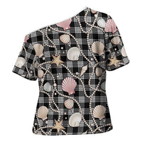 Hawaiian Ocean Seashells Cross Shoulder Shirt Black Palaka Pattern LT01 - Polynesian Pride