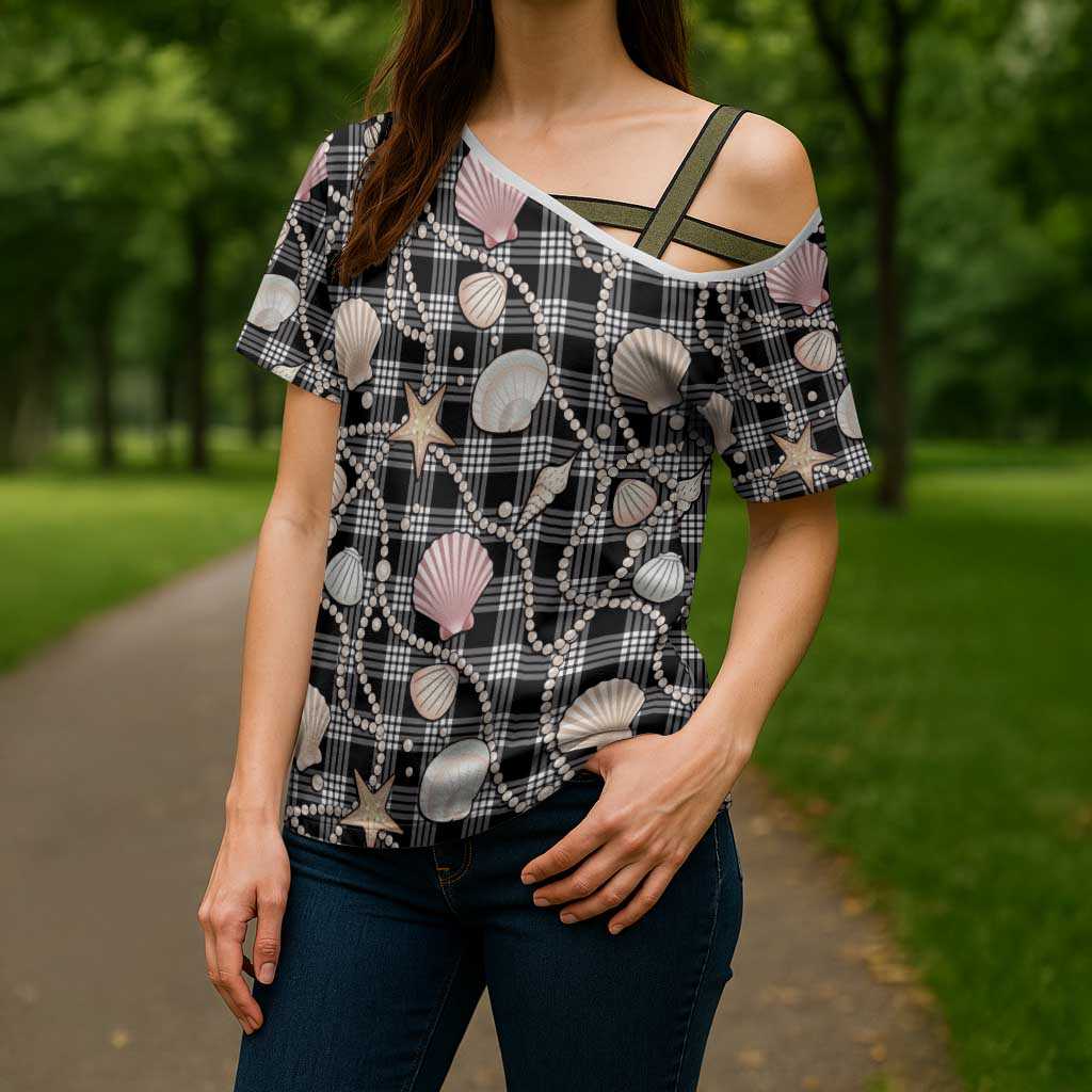 Hawaiian Ocean Seashells Cross Shoulder Shirt Black Palaka Pattern LT01 - Polynesian Pride