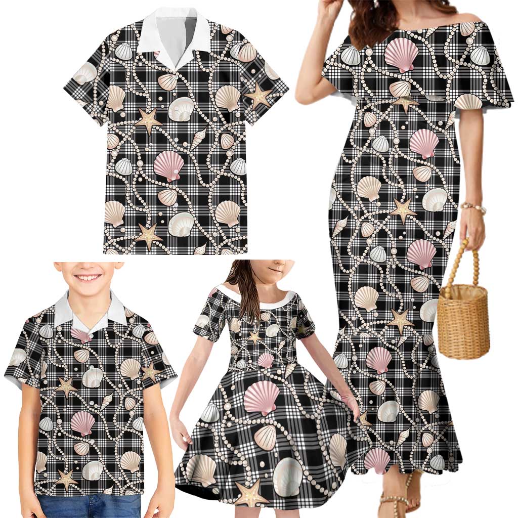 Hawaiian Ocean Seashells Family Matching Mermaid Dress and Hawaiian Shirt Black Palaka Pattern LT01 - Polynesian Pride