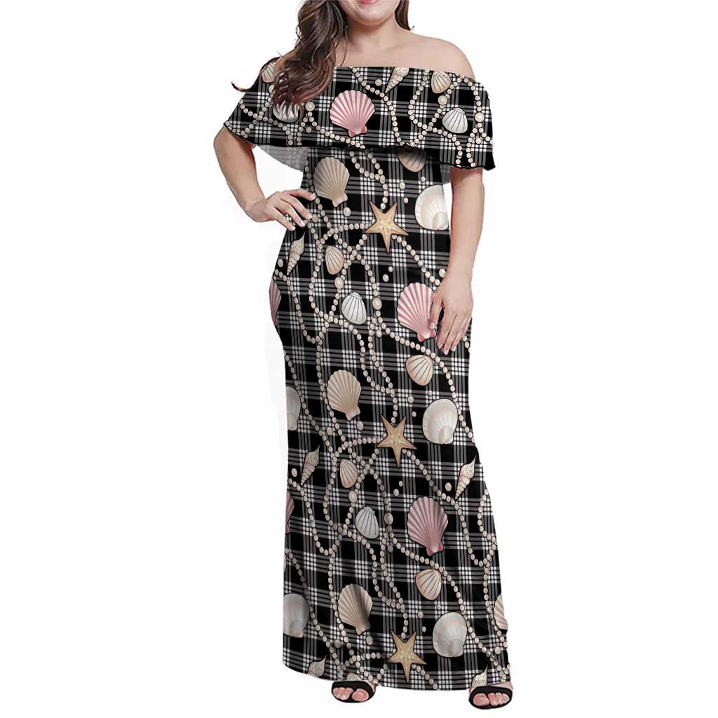 Hawaiian Ocean Seashells Family Matching Off Shoulder Maxi Dress and Hawaiian Shirt Black Palaka Pattern