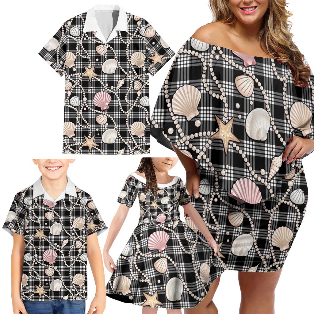 Hawaiian Ocean Seashells Family Matching Off Shoulder Short Dress and Hawaiian Shirt Black Palaka Pattern LT01 - Polynesian Pride