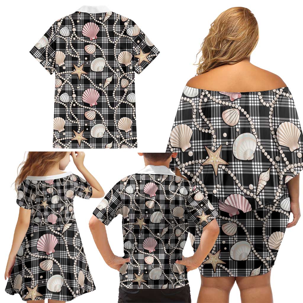 Hawaiian Ocean Seashells Family Matching Off Shoulder Short Dress and Hawaiian Shirt Black Palaka Pattern LT01 - Polynesian Pride