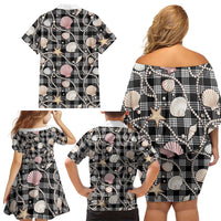 Hawaiian Ocean Seashells Family Matching Off Shoulder Short Dress and Hawaiian Shirt Black Palaka Pattern LT01 - Polynesian Pride