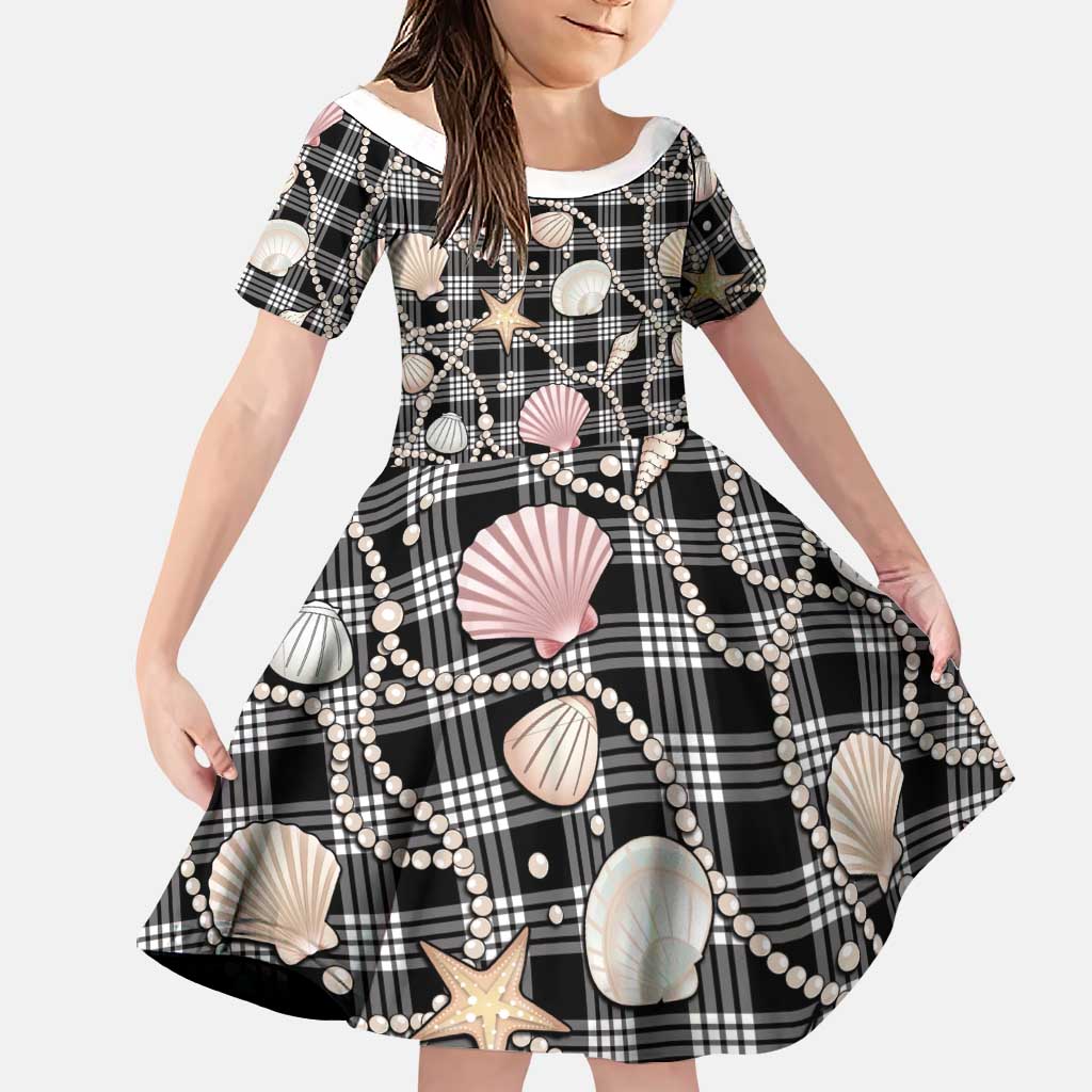 Hawaiian Ocean Seashells Family Matching Puletasi and Hawaiian Shirt Black Palaka Pattern LT01 Daughter's Dress Black - Polynesian Pride