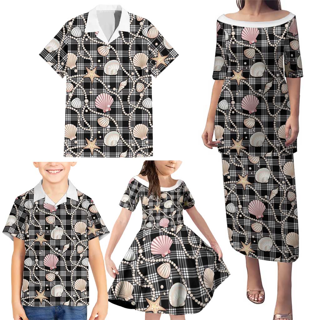 Hawaiian Ocean Seashells Family Matching Puletasi and Hawaiian Shirt Black Palaka Pattern LT01 - Polynesian Pride