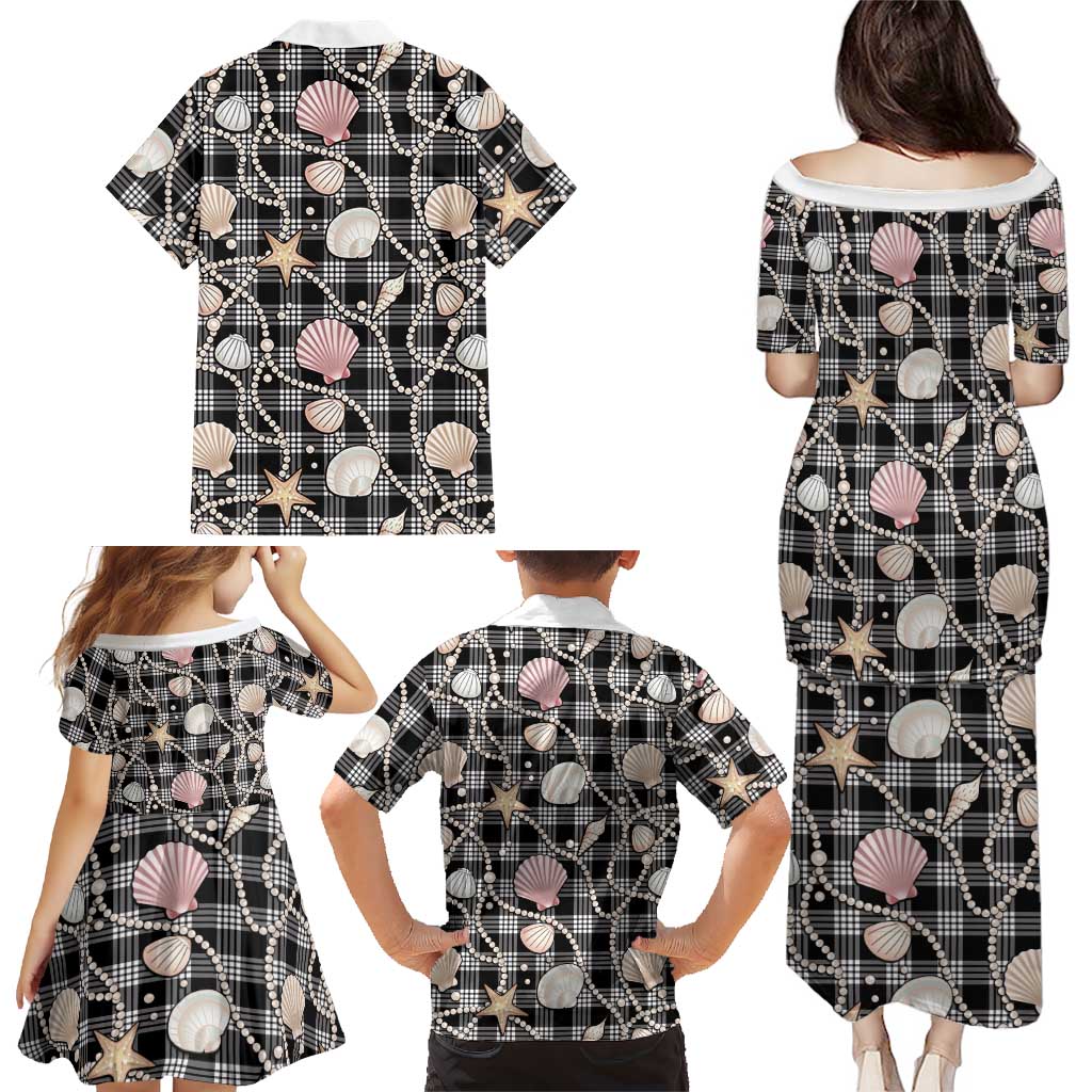 Hawaiian Ocean Seashells Family Matching Puletasi and Hawaiian Shirt Black Palaka Pattern LT01 - Polynesian Pride