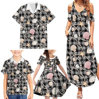 Hawaiian Ocean Seashells Family Matching Summer Maxi Dress and Hawaiian Shirt Black Palaka Pattern
