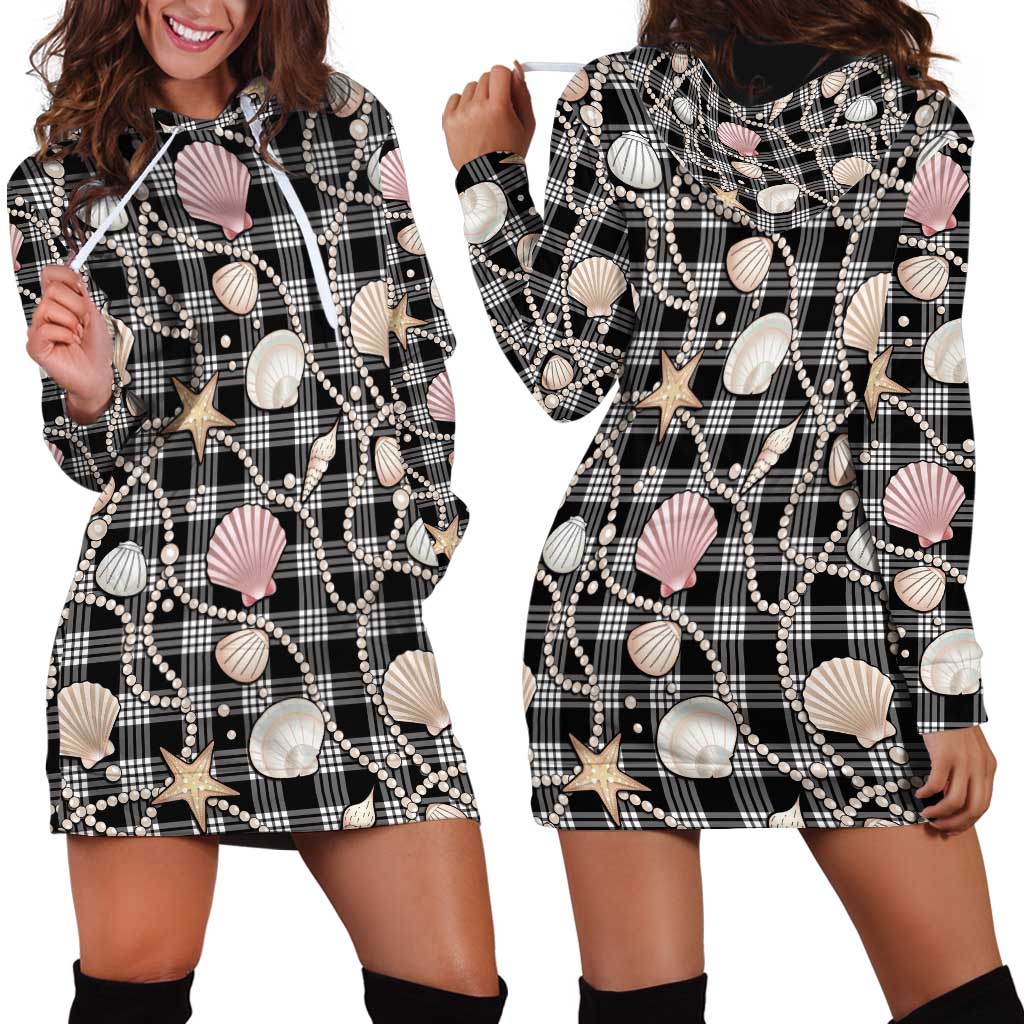 Hawaiian Ocean Seashells Hoodie Dress Black Palaka Pattern LT01 - Polynesian Pride