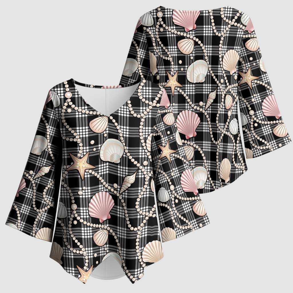 Hawaiian Ocean Seashells Kimono Sleeve Blouse Black Palaka Pattern LT01 - Polynesian Pride