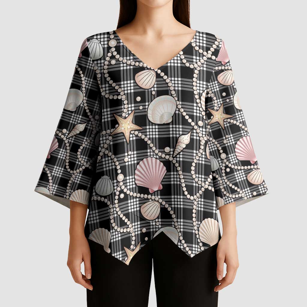 Hawaiian Ocean Seashells Kimono Sleeve Blouse Black Palaka Pattern LT01 - Polynesian Pride