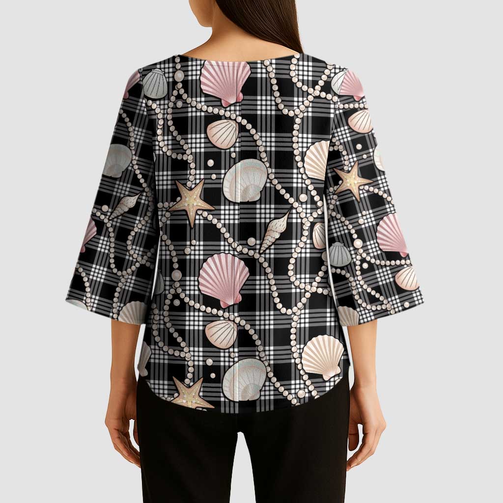 Hawaiian Ocean Seashells Kimono Sleeve Blouse Black Palaka Pattern LT01 - Polynesian Pride