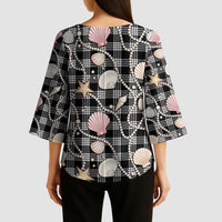 Hawaiian Ocean Seashells Kimono Sleeve Blouse Black Palaka Pattern LT01 - Polynesian Pride