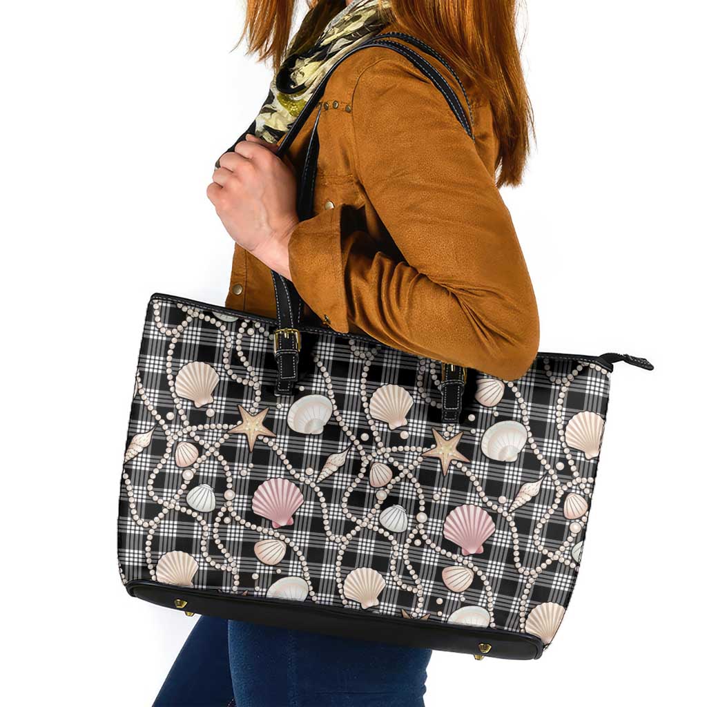 Hawaiian Ocean Seashells Leather Tote Bag Black Palaka Pattern LT01 Black - Polynesian Pride