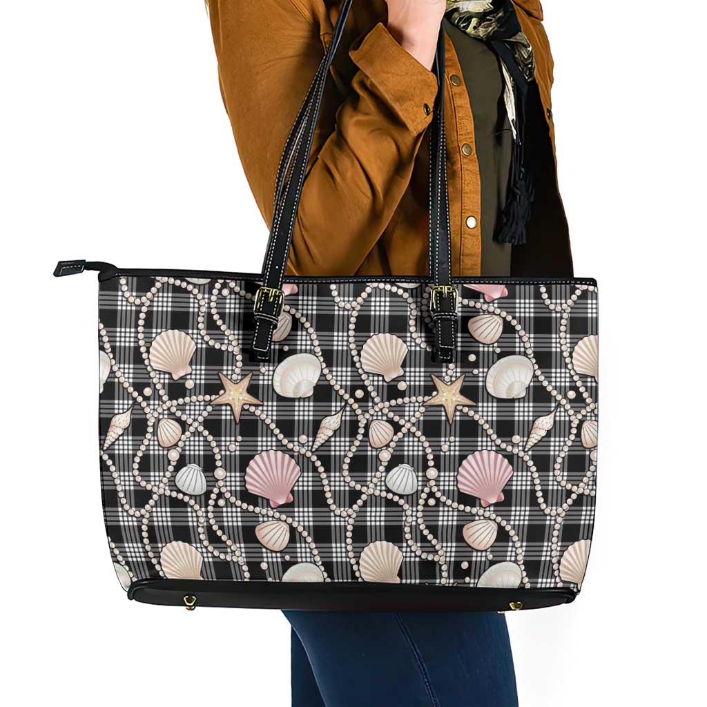 Hawaiian Ocean Seashells Leather Tote Bag Black Palaka Pattern LT01 - Polynesian Pride