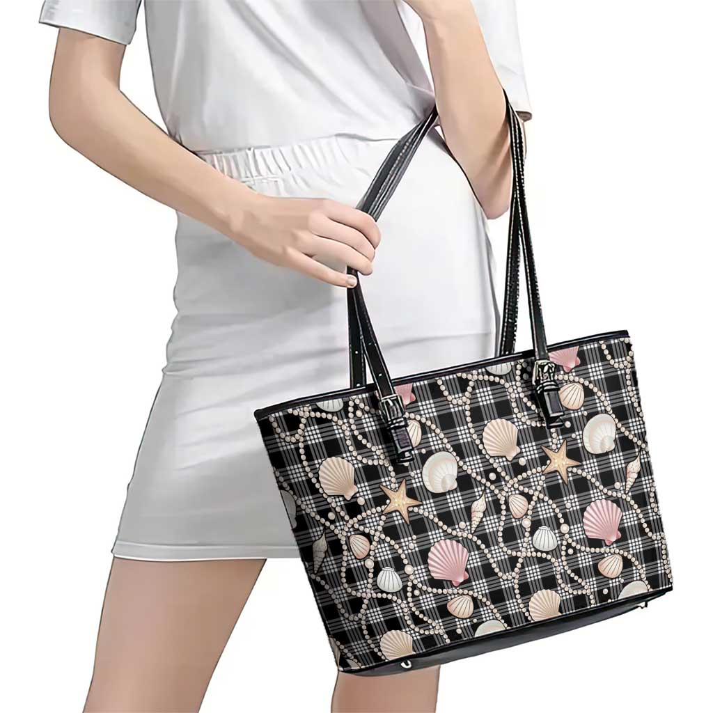 Hawaiian Ocean Seashells Leather Tote Bag Black Palaka Pattern LT01 - Polynesian Pride