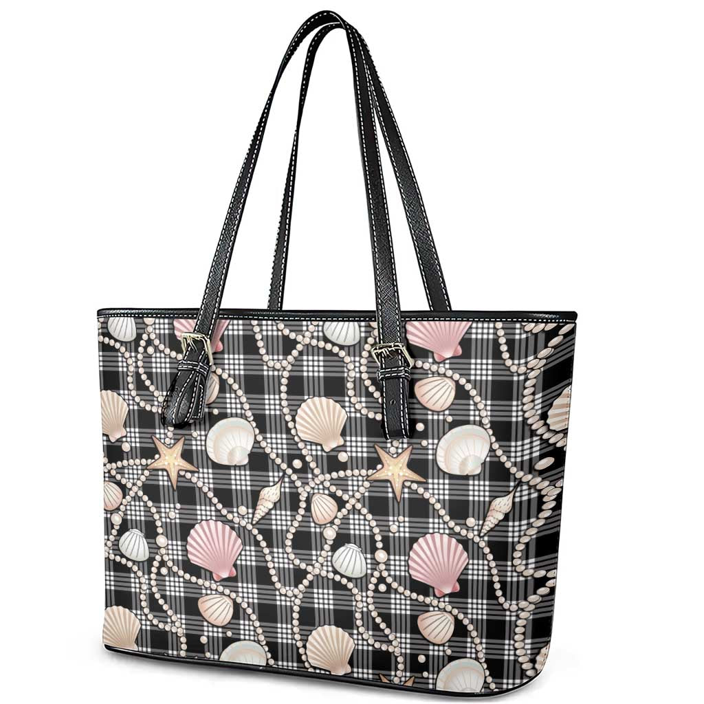 Hawaiian Ocean Seashells Leather Tote Bag Black Palaka Pattern LT01 - Polynesian Pride
