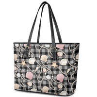 Hawaiian Ocean Seashells Leather Tote Bag Black Palaka Pattern LT01 - Polynesian Pride