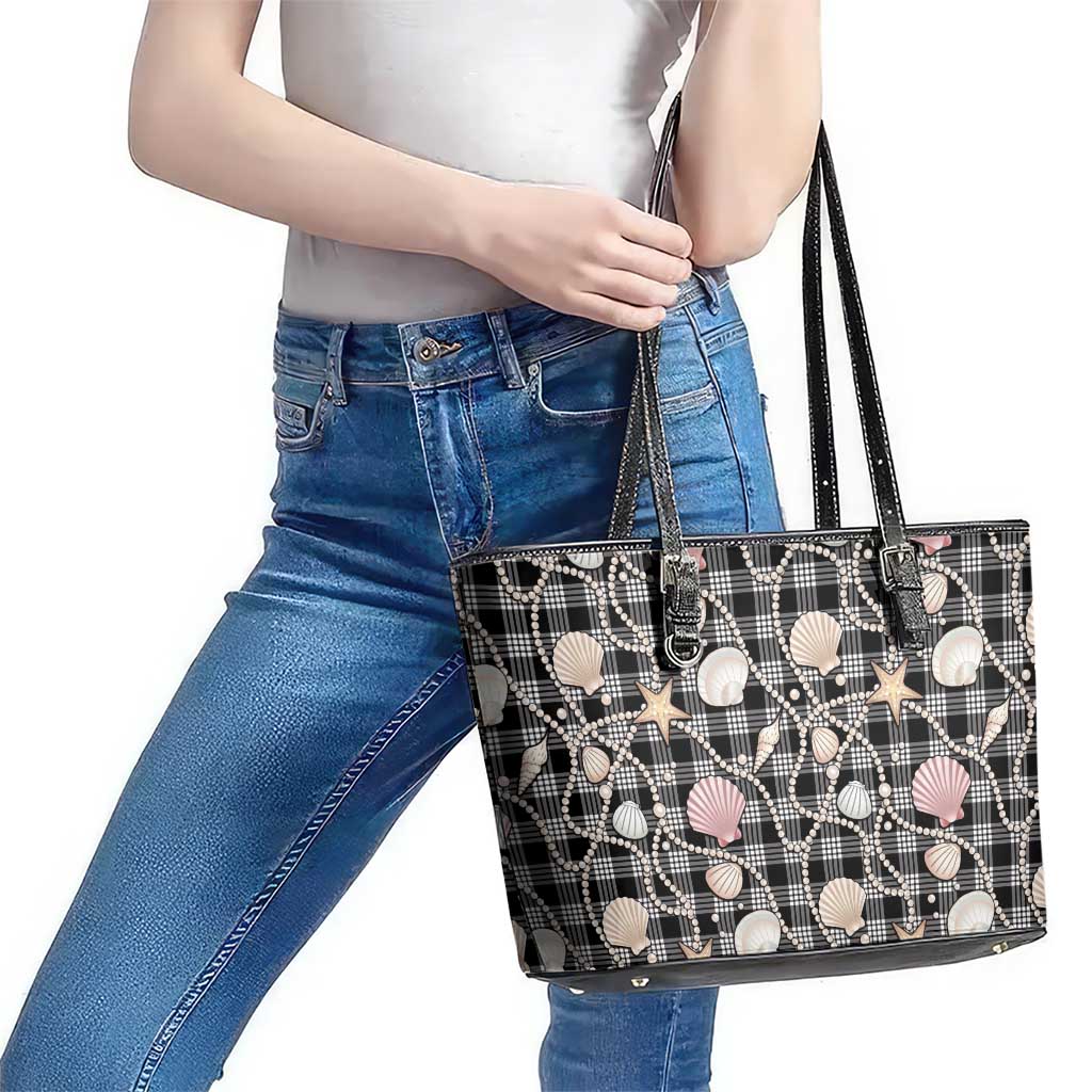 Hawaiian Ocean Seashells Leather Tote Bag Black Palaka Pattern LT01 - Polynesian Pride