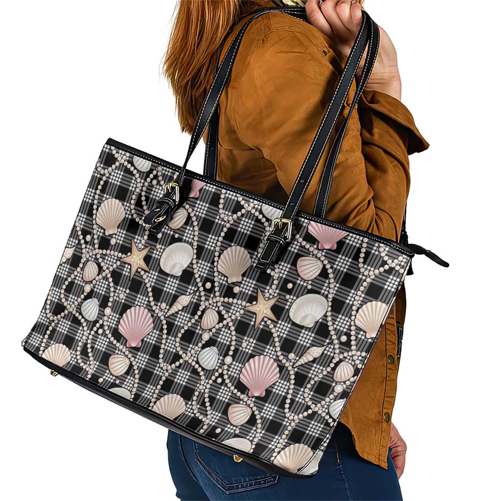 Hawaiian Ocean Seashells Leather Tote Bag Black Palaka Pattern LT01 - Polynesian Pride