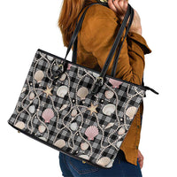 Hawaiian Ocean Seashells Leather Tote Bag Black Palaka Pattern LT01 - Polynesian Pride