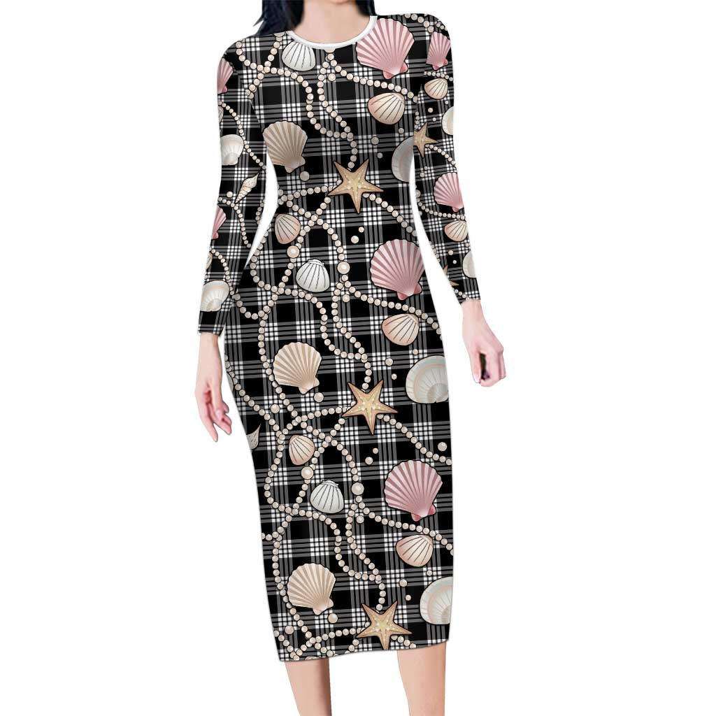 Hawaiian Ocean Seashells Long Sleeve Bodycon Dress Black Palaka Pattern LT01 Long Dress Black - Polynesian Pride