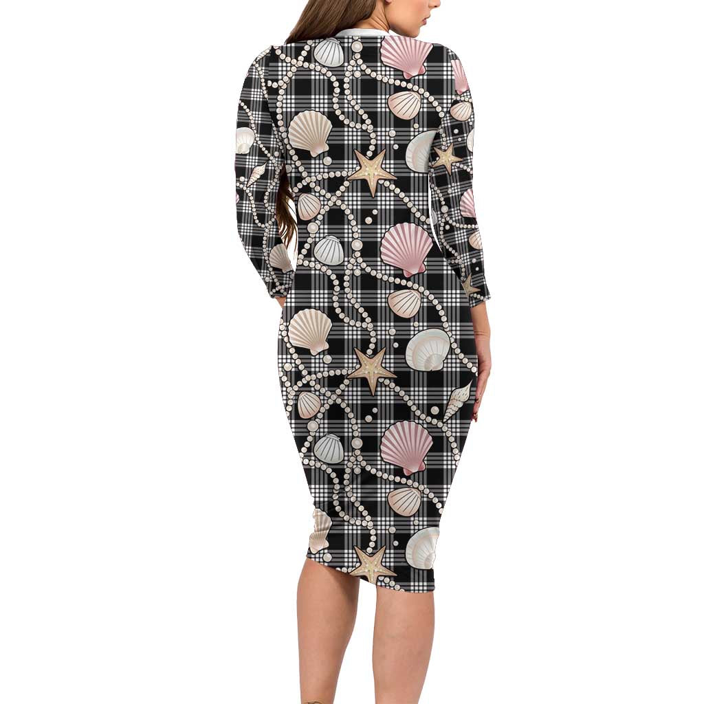 Hawaiian Ocean Seashells Long Sleeve Bodycon Dress Black Palaka Pattern LT01 - Polynesian Pride