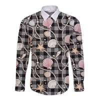 Hawaiian Ocean Seashells Long Sleeve Button Shirt Black Palaka Pattern LT01 Unisex Black - Polynesian Pride
