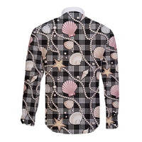 Hawaiian Ocean Seashells Long Sleeve Button Shirt Black Palaka Pattern LT01 - Polynesian Pride