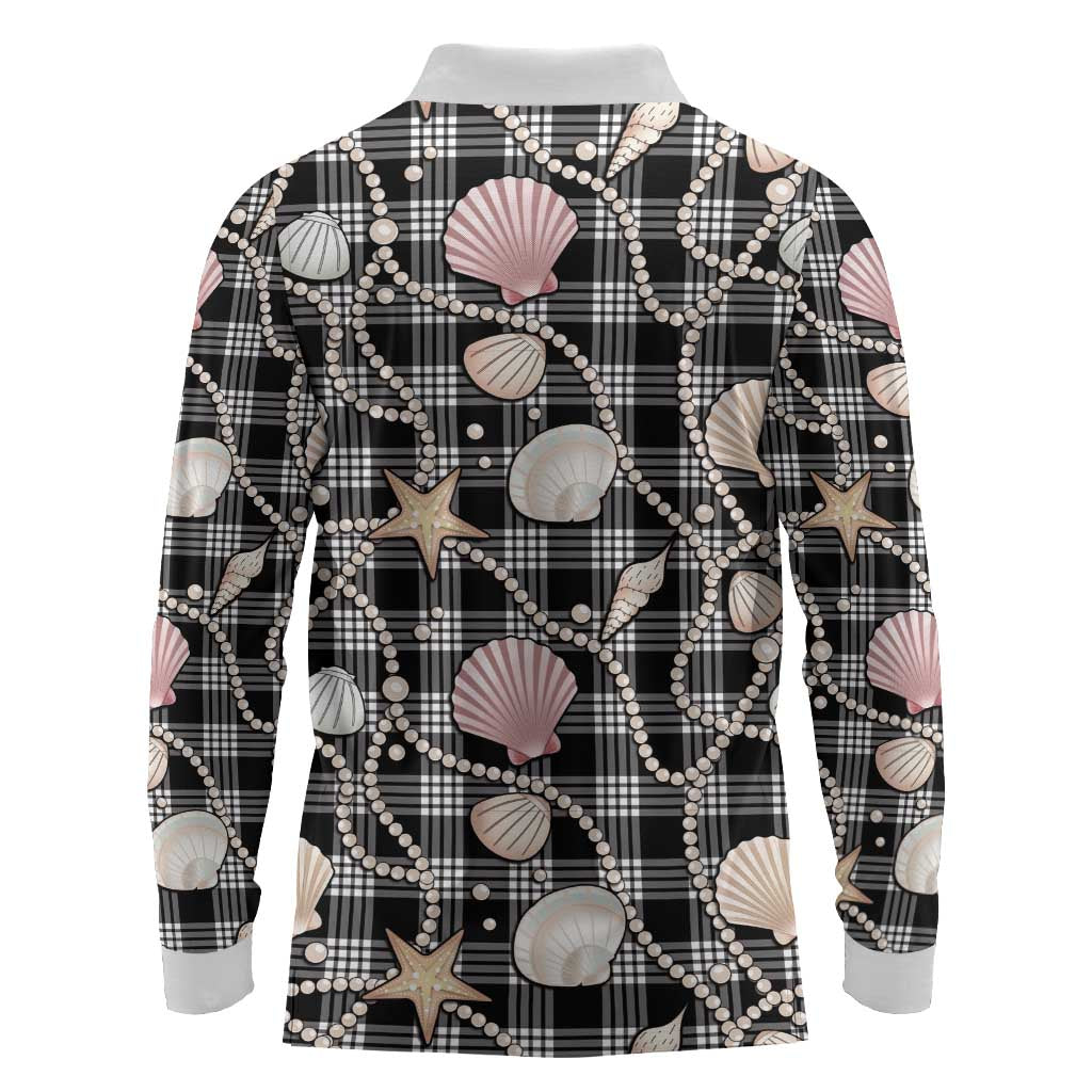 Hawaiian Ocean Seashells Long Sleeve Polo Shirt Black Palaka Pattern LT01 - Polynesian Pride