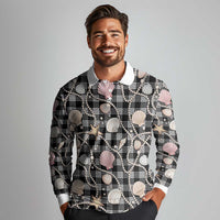 Hawaiian Ocean Seashells Long Sleeve Polo Shirt Black Palaka Pattern LT01 - Polynesian Pride