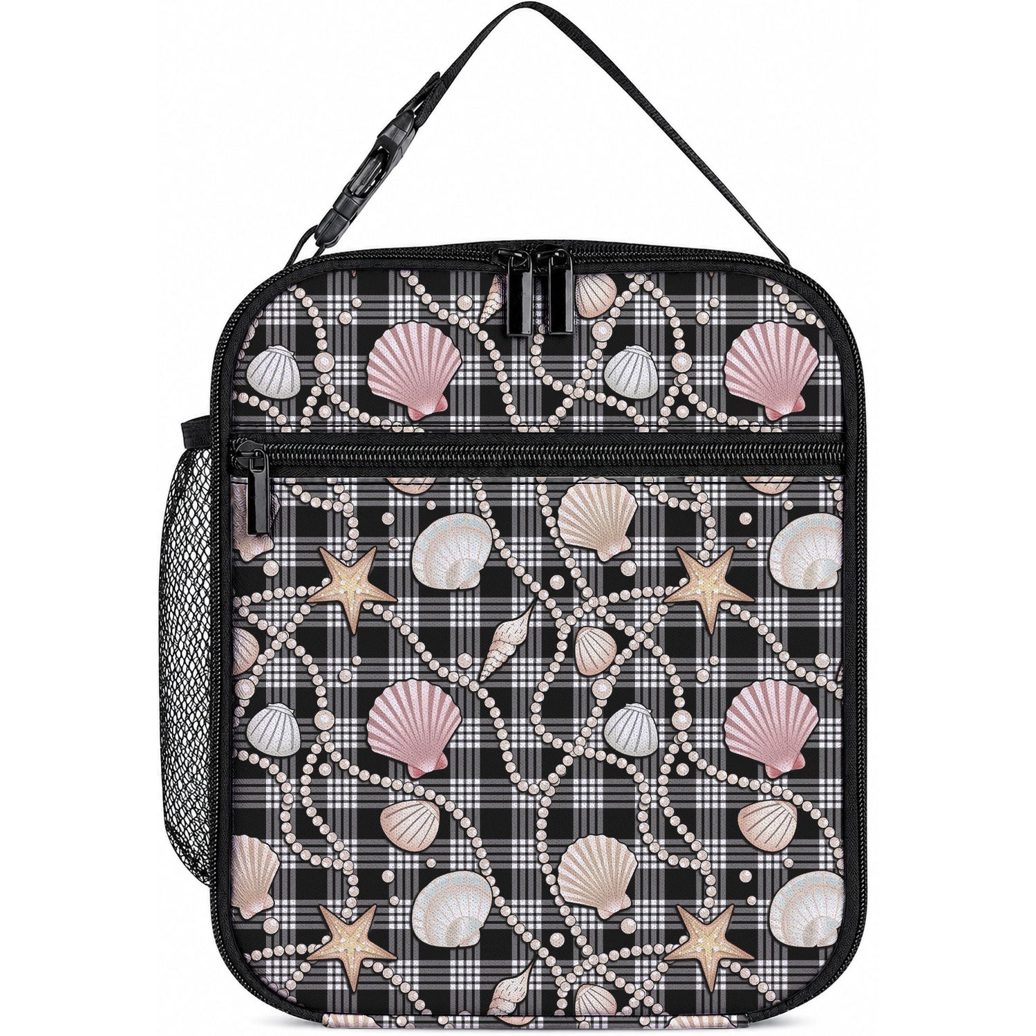 Hawaiian Ocean Seashells Lunch Bag Black Palaka Pattern LT01 10.2 × 8.3 × 4.3 inch Black - Polynesian Pride