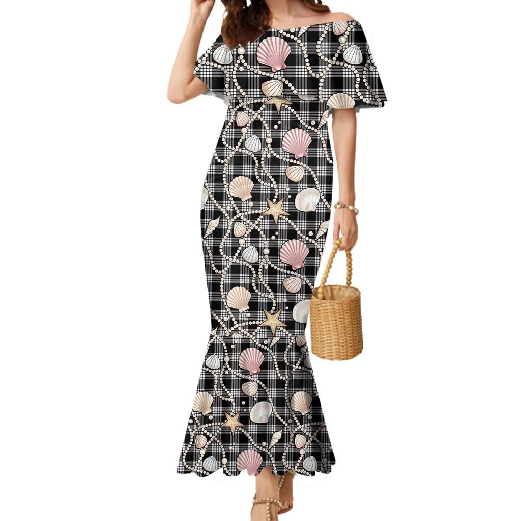 Hawaiian Ocean Seashells Mermaid Dress Black Palaka Pattern