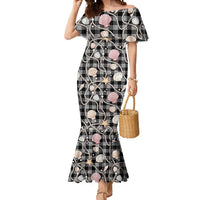 Hawaiian Ocean Seashells Mermaid Dress Black Palaka Pattern