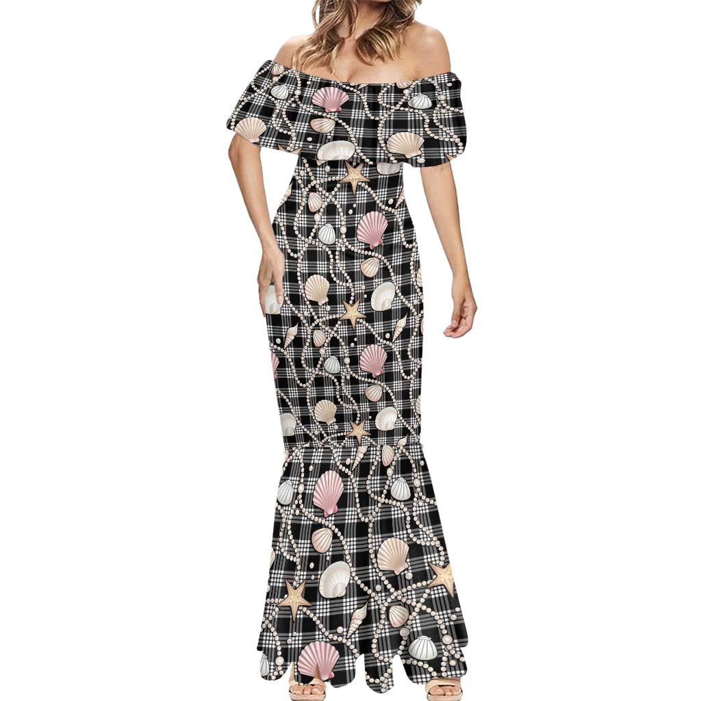 Hawaiian Ocean Seashells Mermaid Dress Black Palaka Pattern