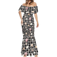 Hawaiian Ocean Seashells Mermaid Dress Black Palaka Pattern